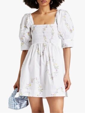 GANNI white Shirred floral print smocked cotton poplin mini dress,  38